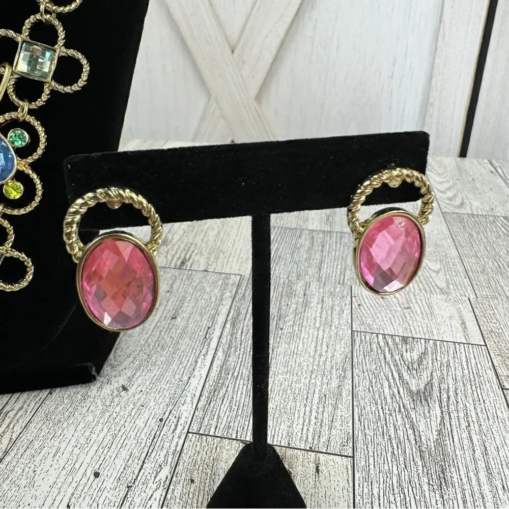 Pastel Gemstone Statement Bib Necklace Earrings Set‎ Rhinestone Soft Girl